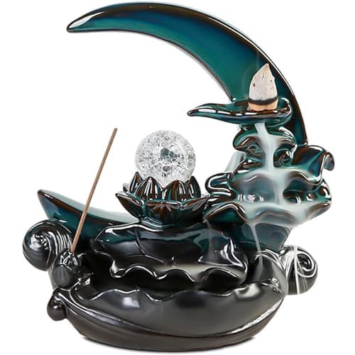 Image of ZONSUSE Moon Waterfall Incense Burner,Lotus Pond Water Incense Stick Holder,Moonlight Ceramic Backflow Burner,for Yoga Mindfulness Meditation Relax Aromatherapy Gift Home Decor (Moon)