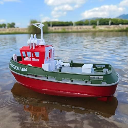 Image of ARRIS Mini RC Boat, 1:72 Scale RC Tugboat with 2.4 GHz Remote, 2 Rechargeable Batteries & LED Lights for Pools Lakes, RTR RC Boats for Adults Summer Gifts Toys (Green)