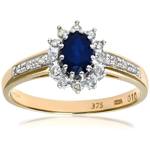 Image of Naava Women's Sapphire and 12 Diamond Set Shoulders 9 ct Yellow Gold Ring - Size I