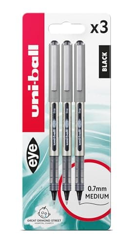 Image of uni-ball UB-157 Eye Rollerball Pens. Premium Fine 0.7mm Ballpoint Tip for Super Smooth Handwriting, Drawing, Art, Crafts and Colouring. Fade and Water Resistant Liquid Uni Super Ink. Pack of 3 Black