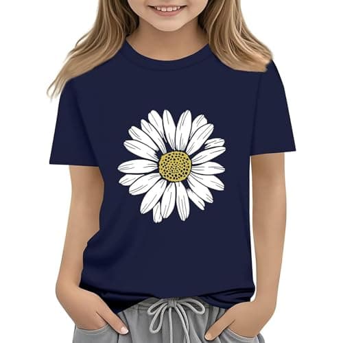 Image of T Shirts Kids Girls Crewneck Short Sleeve Trendy Graphic Flower Tshirts Teenage Girls Summer Comfy Cartoon Cute School Casual Sports Children Tunic Tops Age 3-13 Years (Navy, 10-11 Years)