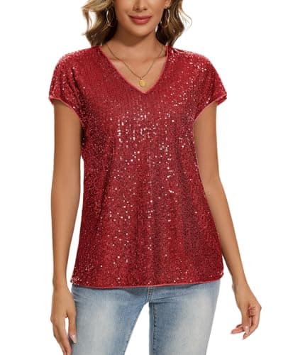 Image of MINTLIMIT Women's Sparkle Sequin Tops Shimmer Glitter V Neck Party Top Short Cap Sleeve (Red L)