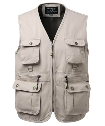 Image of Yukirtiq Fishing Vest for Men Multi Pocket Sleeveless Gilet Summer Photography Safari Vest, Beige, M