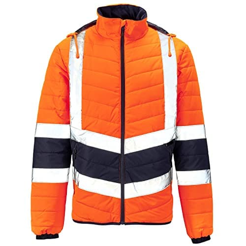 Image of Hi Vis Two Tone Puffer Jacket Hooded Work Reflective Utility High Visibility Viz Padded Outerwear Workwear Lightweight Water-Resistant Quilt Lining