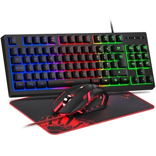 Image of Rewurnth Gaming Keyboard and Mouse Set, UK Layout 75% TKL RGB Backlit Wired Keyboard, Ergonomic 4-Color LED Gaming Mouse, Large Mouse Pad, USB Plug & Play for PC, Mac, Xbox, PS4