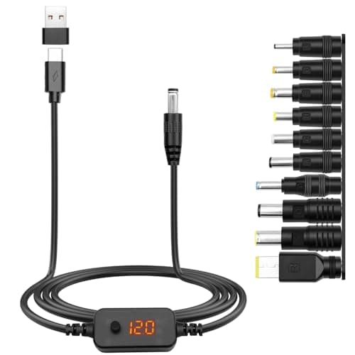 Image of Hoembpn USB PD to DC Power Cable Charger Adapter 5V,9V,12V,15V,20V Adjustable Voltage Type C to DC 5.5 X 2.1mm Plug Universal Charging Power Supply Cord with 10 DC Conversion Heads(1.2m)
