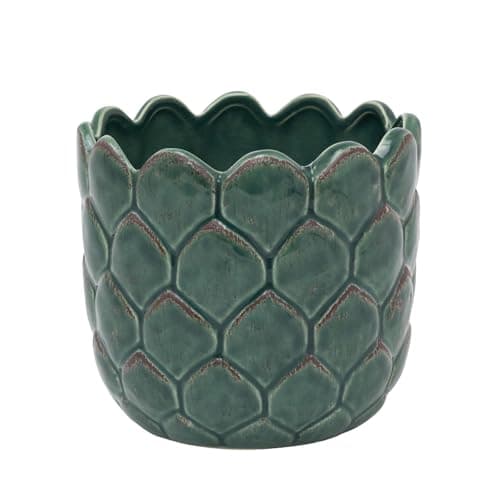 Image of Carousel Home Green Ceramic Artichoke Plant Pot | Madagascar Teal Glazed Round Planter with Textured Finish - 12x14cm