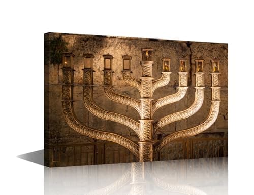 Image of TISHIRON Canvas Wall Art Jewish Holiday Hanukkah Painting The Largest Judaism Burning Candles Picture for Living Room Vintage Menorah Artwork Framed Ready to Hang Poster and Prints 24x16 in