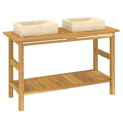 Image of vidaXL Solid Wood Teak Bathroom Vanity Cabinet with Cream Marble Sinks Washroom Furniture Wash Basin Wooden Sink Cabinet with Basket