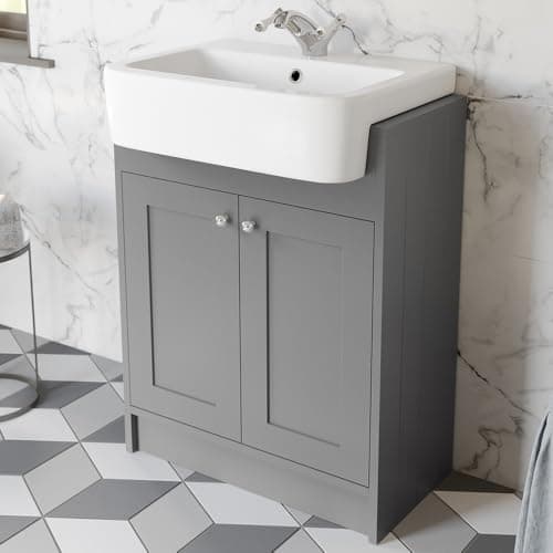 Image of BAYSTONE 620mm Bathroom Vanity Unit Semi-Recessed Basin Sink Storage Cabinet Cupboard Freestanding, 1 Tap Hole Wash Basins, Double Door, Matt Grey
