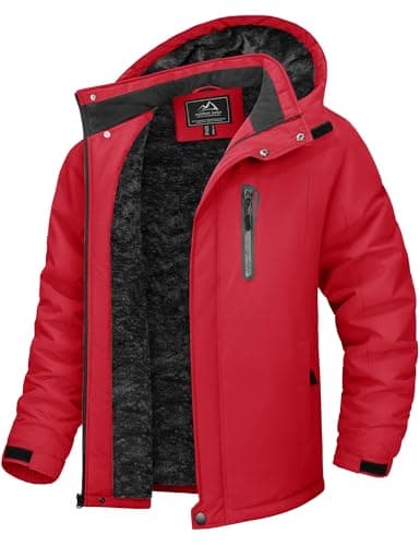 Image of TACVASEN Mens Winter Hiking Coat Outdoor Waterproof Fleece Warm Ski Windproof Mountain Jackets with Hood Red,M