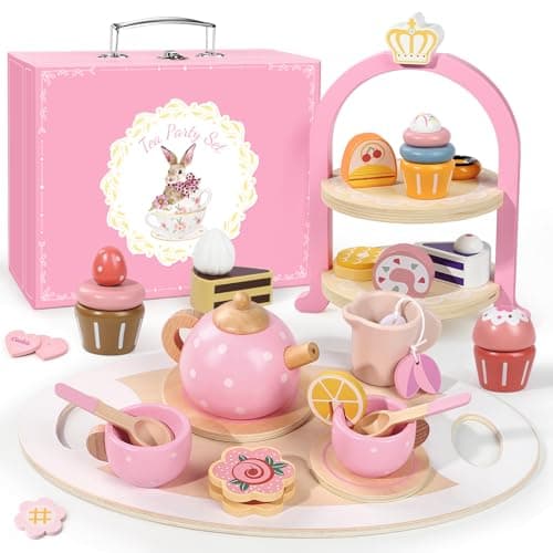 Image of Tea Party Set for Little Girls, 49PCS Princess Tea Time Toys Including Tea Set Dessert Carrying Case, Kids Kitchen Pretend Playset, Tea Set for Girls Birthday Toddler Age 3-8 (Wooden Tea Party Set)