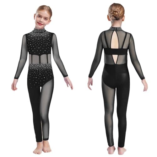 Image of inlzdz Kids Girls Dance Unitard Gymnastics Leotard Full Bodysuit Mesh Rhinestones Figure Skating Jumpsuit Black 11-12 Years