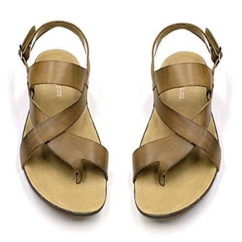 Image of Harssidanzar Men's Leather Sandals For Summer GM202UK,Khaki,size 8.5