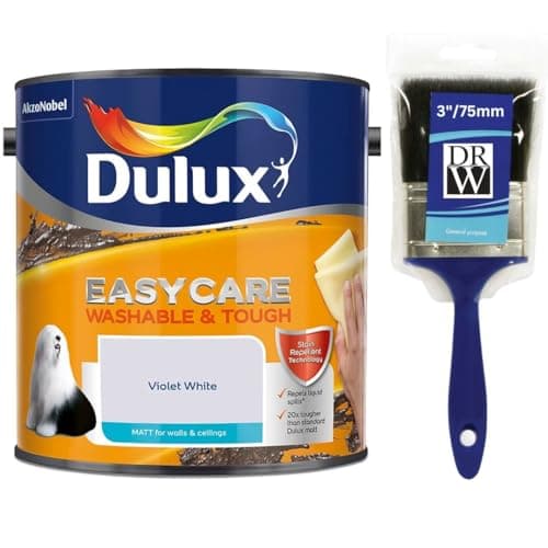 Image of Violet White Dulux Easycare Matt Emulsion Paint 2.5L + 3" Emulsion Paint Brush – Washable & Stain Resistant, Durable Matt Finish, Quick Dry, Low Odour Interior Wall & Ceiling Paint