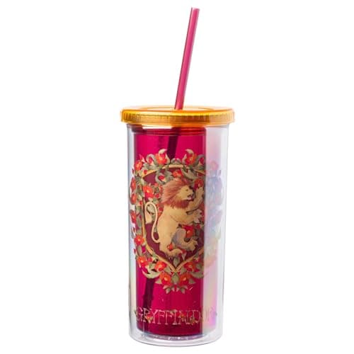 Image of Silver Buffalo Harry Potter Gryffindor Floral Crest Plastic Tall Cold Cup with Lid and Straw, 20 Ounces