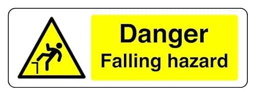 Image of Danger Falling Hazard - safety sign - High tack self-adhesive sticker (150mm x 50mm) Viewing Distance within 3m.