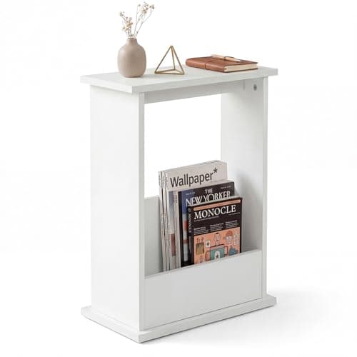 Image of Levede Slim Side Table, Small Side Table with Magazine Rack Storage, Modern End Table for Living Room Bedroom Office, Space Saving Bedside Table, 45 x 18 x 55 cm, White