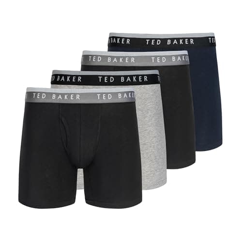 Image of Ted Baker Men's Standard 4 Pack Cotton Stretch Boxer Briefs, Black Beauty/Grey Heather/Sky