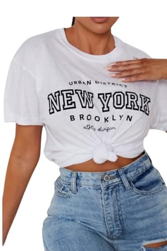 Image of Femme Luxe Womens Oversized T-Shirt with New York Slogan Print, Short Sleeve - Eila (UK, Numeric, 6, 8, Regular, Regular, White)