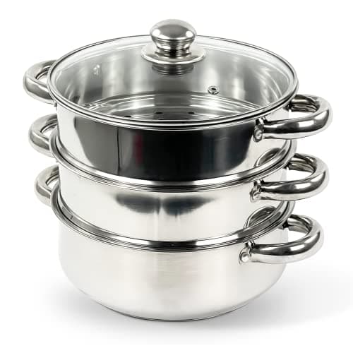 Image of 22CM 3 Tier Stainless Steel Induction Hob Steamer with Glass Lid Cookware Pot & Pan Set