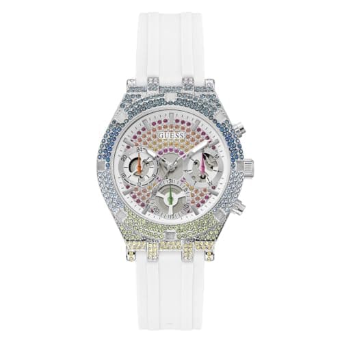 Image of GUESS Ladies Sport Crystal Crystal Cut-Thru 38mm Watch, White/Silver Tone/White, Heiress