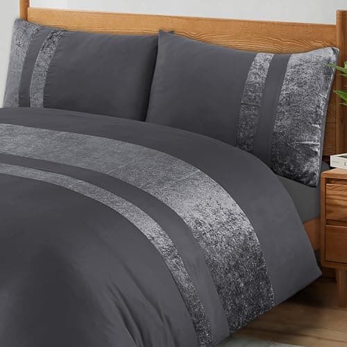 Image of ZZZMRH Luxury Crushed Velvet Super King Size Duvet Cover Set With 2 Pillow Cases - Grey Color Crush Velvet Panel Band