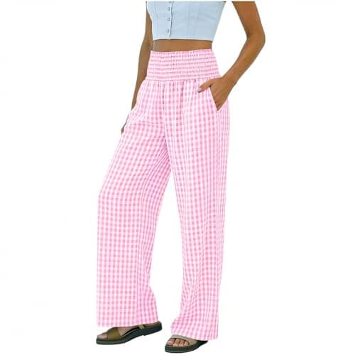 Image of Pink pj Bottoms Womens Gingham Trousers Palazzo Slacks Loungewear Plaid Tartan Print Cotton Pajamas for Women UK Ladies Lounge Pants Pyjama Set high Waist Wide Leg Pants M