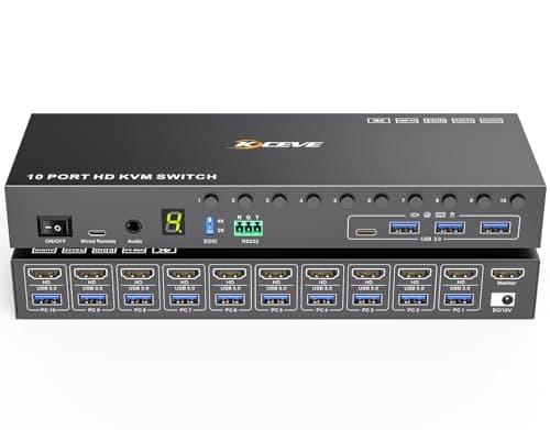 Image of 10 Port 8 Port KVM Switch HDMI 4K@60Hz EDID Simulation, USB 3.0 HDMI KVM Switch for 10 Computers Share 1 Monitor and Keyboard mouse, KVM Switches with Audio RS232 Wired Remote 12V Power and USB Cable