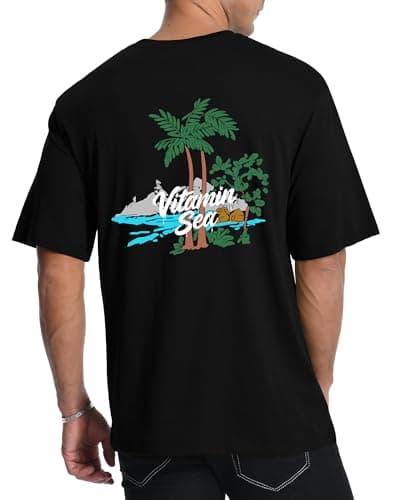 Image of AIYINO Cotton Beach Graphic Mens T Shirt Front and Back Print Crew Neck Casual Summer Tee T Shirts for Men UK Women Tops Holiday Tshirts Men Black M