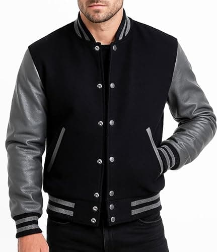 Image of Fashion_First Grey Varsity Jacket Men American College Baseball Jackets Men uk Grey Wool Bomber Jacket Mens