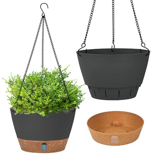 Image of Evoio 25cm Hanging Plant Pots Self Watering Hanging Flower Pots Hanging Planters with Visible Water Level Tray Drainage Holes Removable Tray for Indoor Outdoor Plants (Set of 2, Dark Grey)