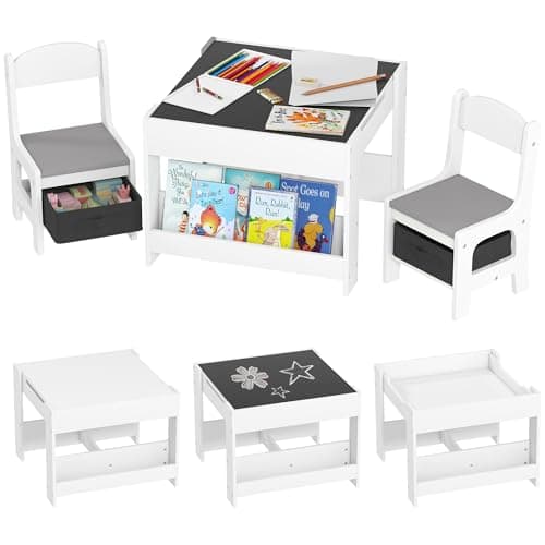 Image of HOMCOM 3 Piece Kids Table and Chair Set, 3 in 1 Design Kids Desk and Chair Set with Blackboard, Storage, Bookshelves, for Nursery, Playroom, Classroom - Grey
