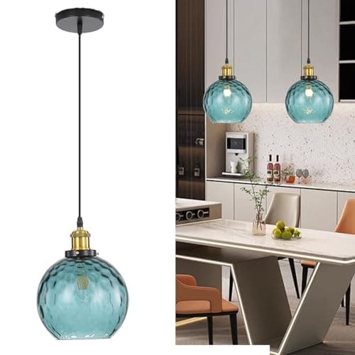Image of HJXDtech Vintage Industrial Pendant Light - 20cm Artistic Glass Globe Shade, Loft-Style Ceiling Hanging Lamp with Antique Bronze Finish, E27 Base, Perfect for Cafe, Restaurant, Home Decor(Dark Blue)
