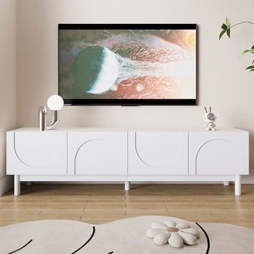 Image of BTM TV Cabinet with 4 Wave-curved Doors and 2 Shelves, White TV Stand Cabinet with Storage, 169x34x45.5cm
