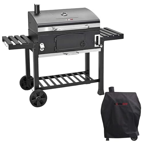 Image of CosmoGrill Outdoor XXL Smoker Barbecue Charcoal Portable BBQ Grill with Waterproof Cover | Adjustable Charcoal Pan, Warming Rack and Thermometer | Large Coal BBQ Smoker for Home Garden Party Cooking