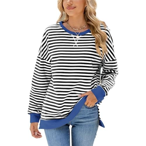 Image of SotRong Longline Striped Sweatshirt for Women Uk Crewneck Split Hem Pullover Casual Long Sleeve Baggy Tops Trendy Color Block Y2k Preppy T Shirts Black White S