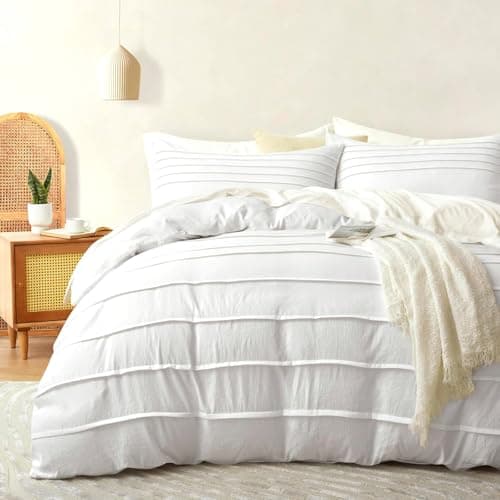 Image of DJY White Duvet Cover King Size - Boho Pleated King Duvet Cover Set, 3PCS Soft Microfibre Textured Bedding Set with Zipper Closure (White, 230x220cm)