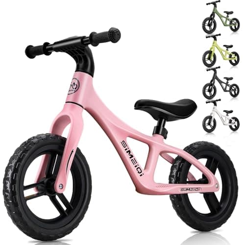 Image of SIMEIQI 12 Inch Kids Balance Bike for Boys Girls Ages 2-5 Years Old Sports Training Lightweight Fibreglass Nylon Frame Balance Bike Adjustable Seat (Pink)