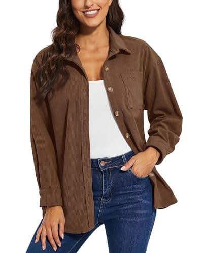 Image of TACVASEN Women's Corduroy Shirt Casual Fit Long Sleeve Shirts Jacket Button Down Shacket with Chest Pocket Coffee,M