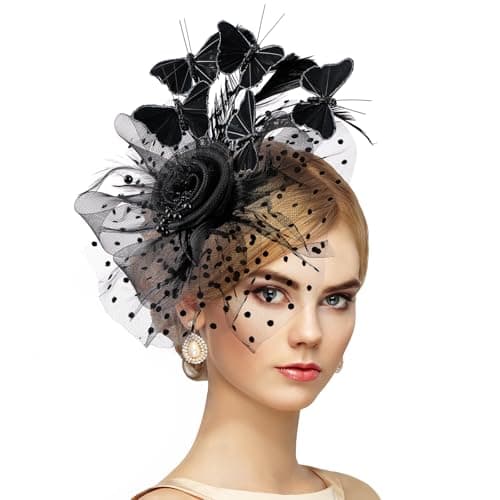 Image of ETOFETE Large Butterfly Fascinators Hat for Women - Retro Ascot Hats with Headband Clip, 1920s 50s Wedding Fascinator for Lady Woman Black