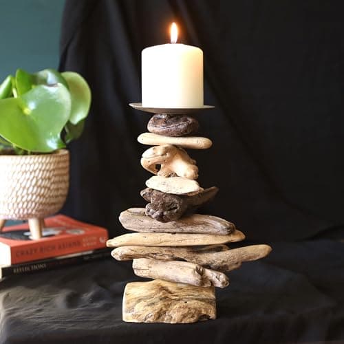 Image of Handmade Rustic Driftwood Candle Holder Nautical Coastal Home Decor Accent 23-25cm