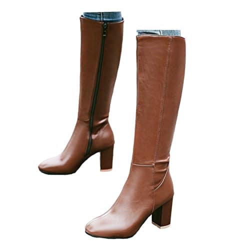 Image of Xbemkste Women's Boots with Heel Leather Boots Knee-High Boots with Zip Warm Lined Winter Boots High Women's Boots High Heels Boots Long Shaft Boots, brown, 4.5 UK