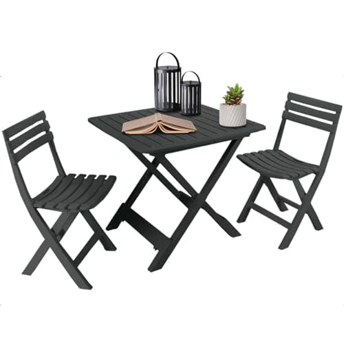 Image of idooka Outdoor Garden Patio Balcony 3 Piece Camping Furniture Set for Two Adults Bistro with Lightweight Folding Collapsible Compact Table 2 Camping Chairs Grain Wood Effect Polypropylene Plastic