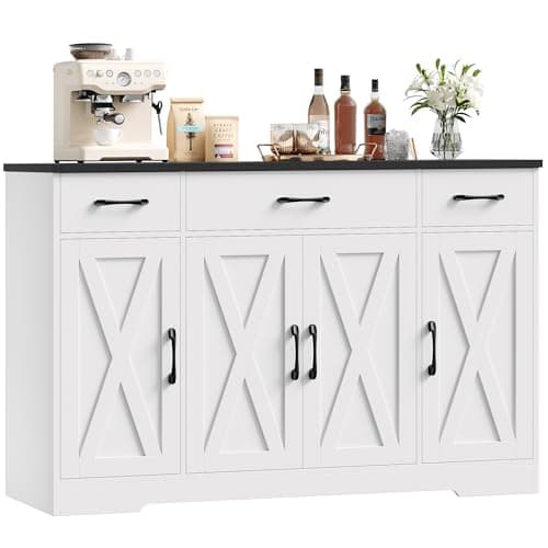 Image of HOCSOK Sideboard, 140cm Sideboard Storage Cabinet with 4 Barn Doors & 3 Drawers, Large Kitchen Cabinet with Adjustable Shelves, Cupboard for Living Room, Dining Room, White & Black, 140x81x38.6 cm