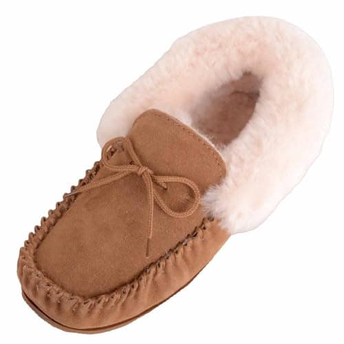 Image of SNUGRUGS Womens Genuine Sheepskin Lined Moccasin Slipper with Hard Sole - Chestnut - UK 7 / EU 40