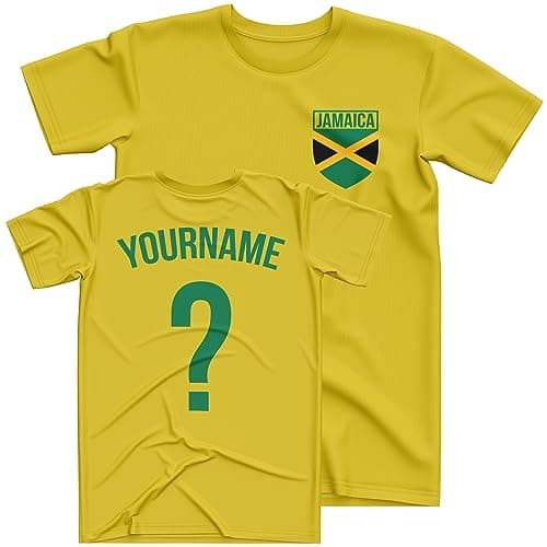 Image of Purple Print House Personalised Jamaica Shirt Kids Flag Football T Shirt Custom Name Number Boys Girls Jamaican Retro Badge Supporter, 9-11 Years, Yellow