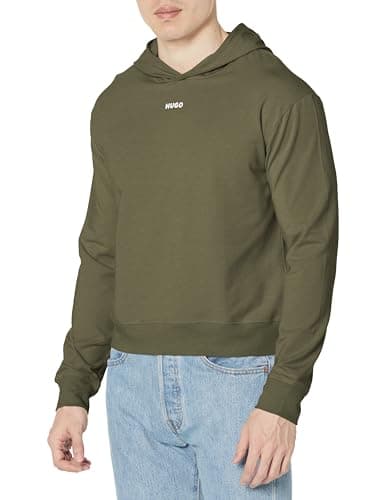 Image of HUGO Men's Center Logo Relaxed Fit Hooded Sweatshirt, Deep Olive Green, S