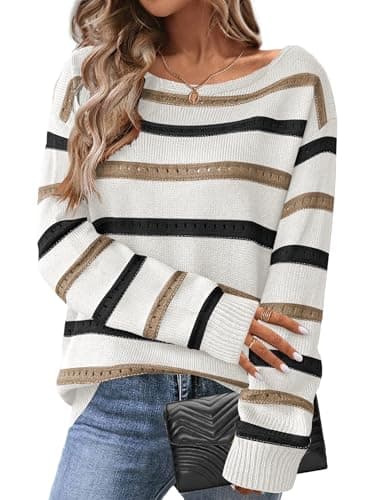 Image of HOTOUCH Womens Long Sleeve Tops Fall Winter Crewneck Off Shoulder Knit Sweater Loose Solid Stripe Lightweight Pullovers Jumper