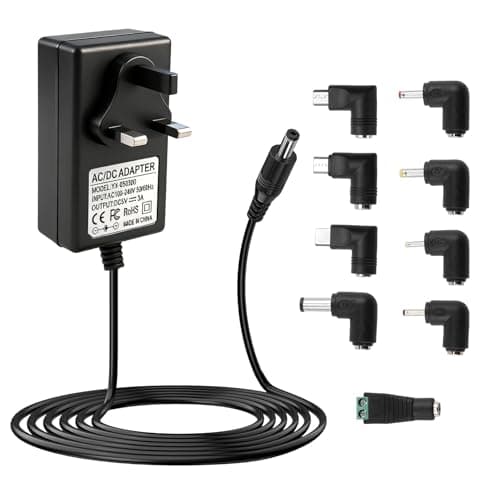 Image of 5V 3A DC Power Supply Adapter Charger Cord, 100-240V 50-60Hz AC to DC IN 5 Volt Fit for 5Vdc 3A 2.5A 2A 1.5A 1A 0.5A Baby Monitor Record Player TV Box, with 8 Tips
